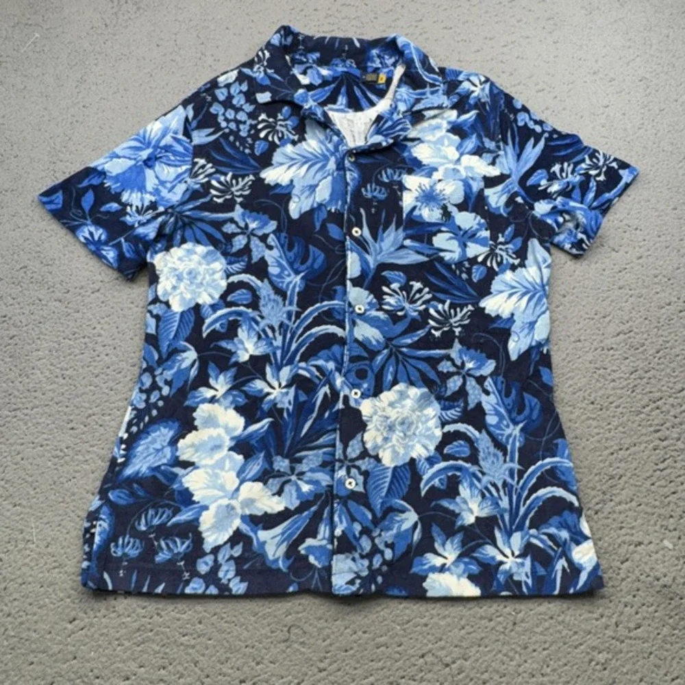 Polo Ralph Lauren Shirt Men Medium Blue Floral Short Sleeve Stretch Aloha Pocket